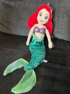 Disney Ariel Plush Mermaid Doll - Red Hair, Purple Top, Green Sequin Tail